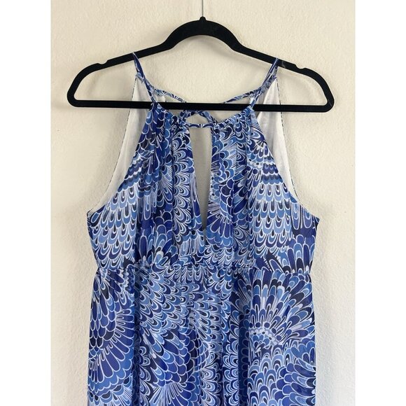 BOSTON PROPER Size 10 Boho Summer Peasant Tiered Maxi Dress Blue Feather Print - Picture 9 of 13